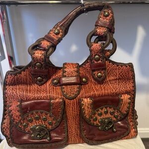 Isabella Fiore Textured Red and Brown Satchel